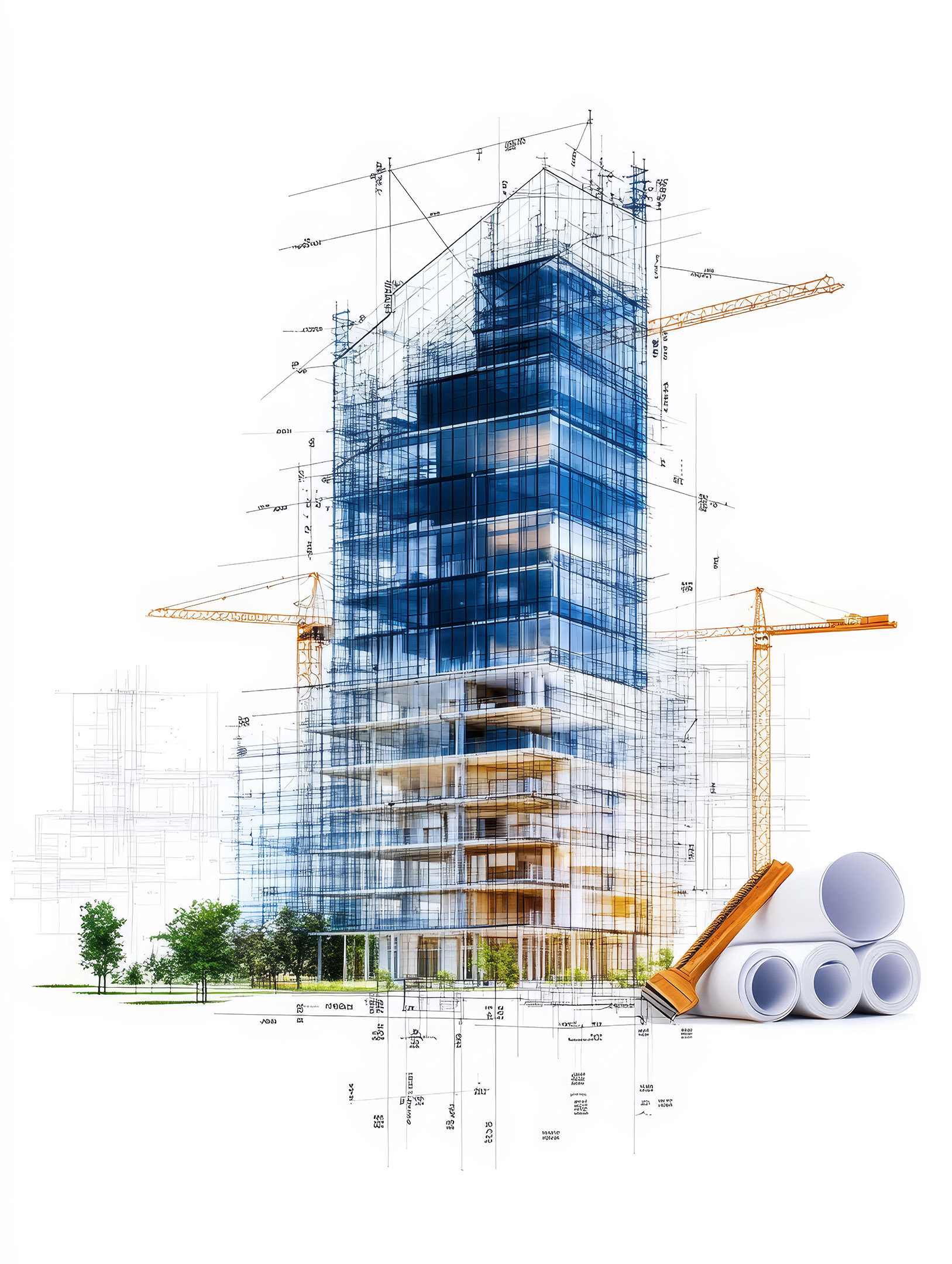 A beautifully crafted blueprint showcasing a modern skyscraper, accompanied by architectural tools and blueprint rolls, symbolizing innovative design and creativity. Generative Ai.